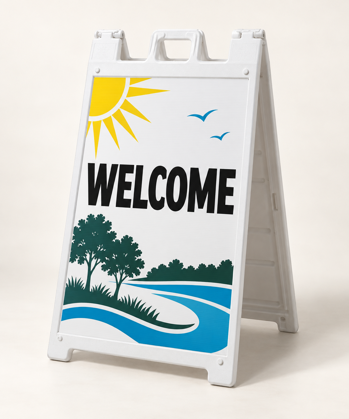 Illustrative 24 by 36 inch A-frame display with welcome artwork